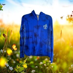 Cowgirl Legend Distressed Lace Hoodie Zip Jacket Womens Large Blue Lightweight